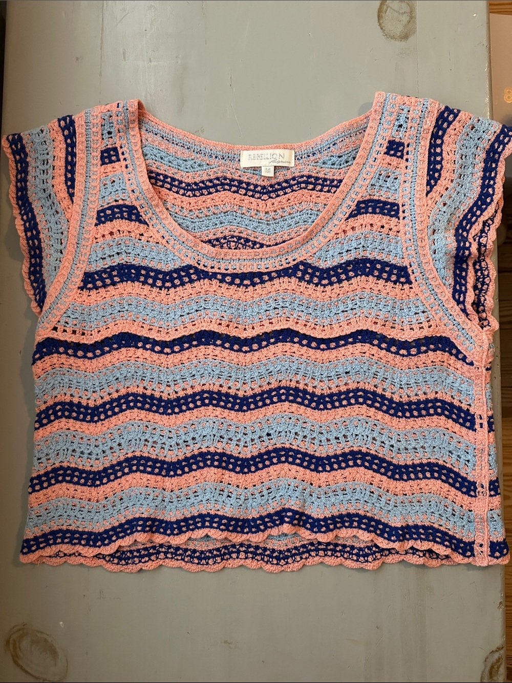 Crochet Knit Scoop Neck Top in Pink, Light Blue & Navy